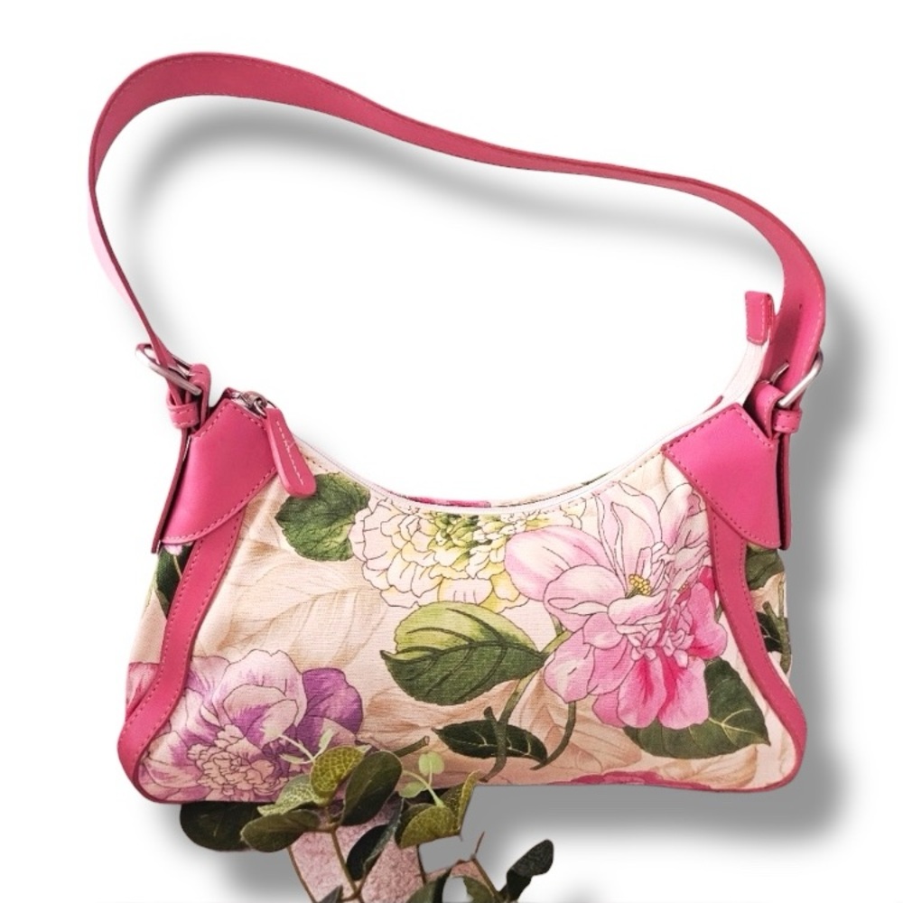 Fossil Floral Canvas and Leather Shoulder Bag Pink & Cream Vintage Y2K  - EUC